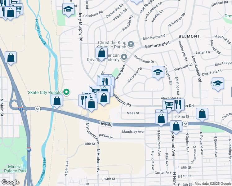 map of restaurants, bars, coffee shops, grocery stores, and more near 1001-1093 Horseshoe Dr in Pueblo