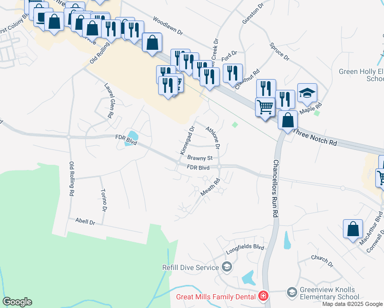 map of restaurants, bars, coffee shops, grocery stores, and more near 45496 Brawny Street in Great Mills