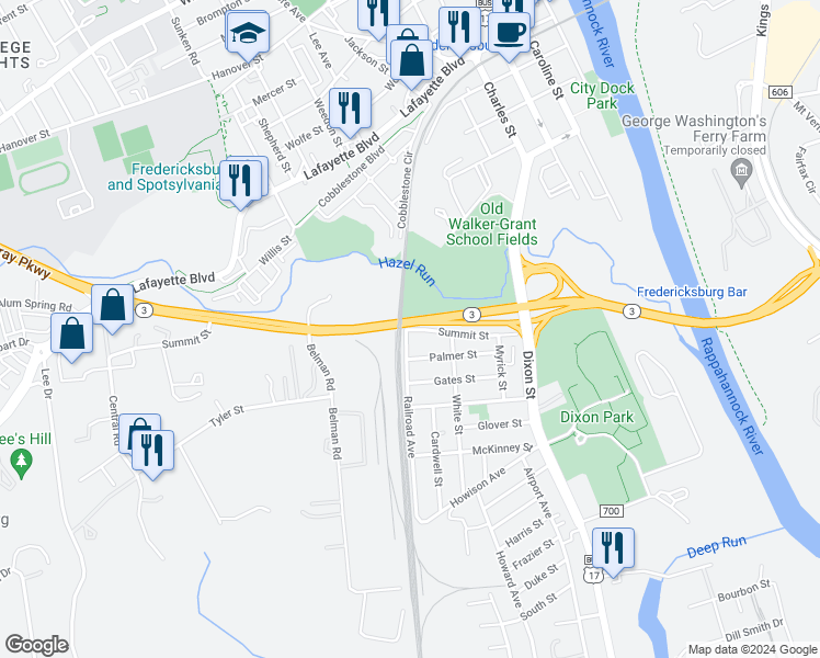 map of restaurants, bars, coffee shops, grocery stores, and more near 434 Summit Street in Fredericksburg