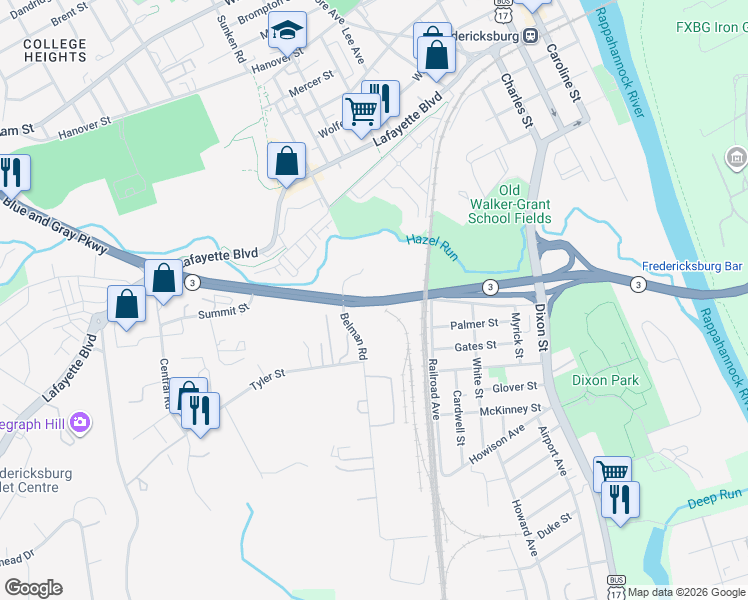 map of restaurants, bars, coffee shops, grocery stores, and more near Blue and Gray Parkway in Fredericksburg