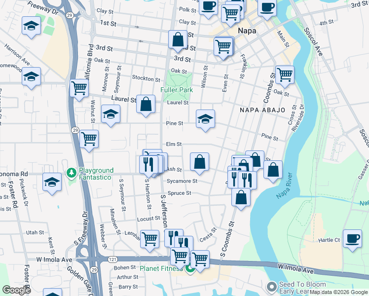 map of restaurants, bars, coffee shops, grocery stores, and more near 1715 Elm Street in Napa