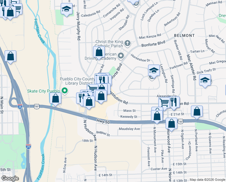 map of restaurants, bars, coffee shops, grocery stores, and more near 1001-1093 Horseshoe Dr in Pueblo