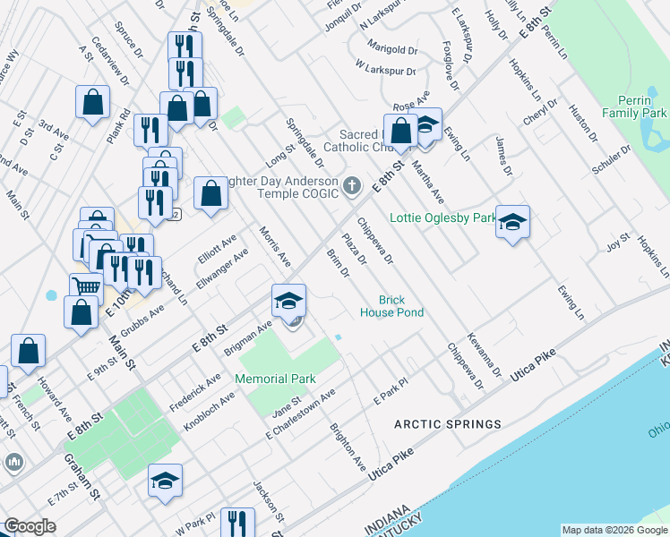 map of restaurants, bars, coffee shops, grocery stores, and more near 712 Briscoe Drive in Jeffersonville