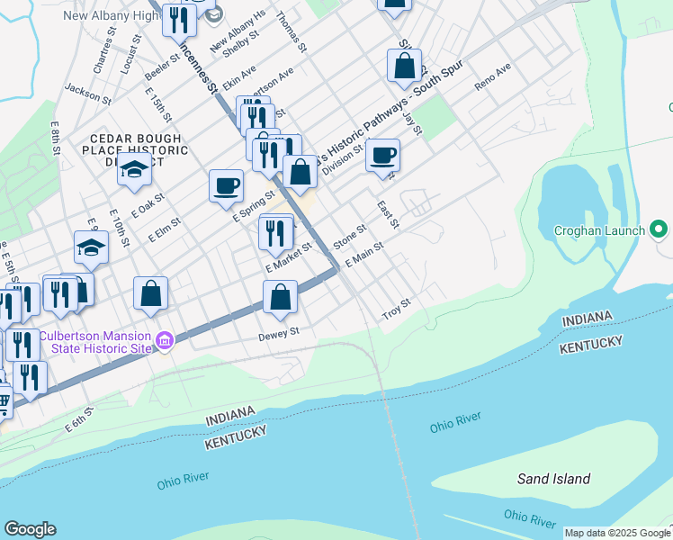 map of restaurants, bars, coffee shops, grocery stores, and more near Old Vincennes Road in New Albany