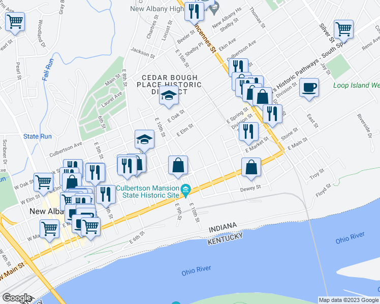 map of restaurants, bars, coffee shops, grocery stores, and more near 1110 East Spring Street in New Albany