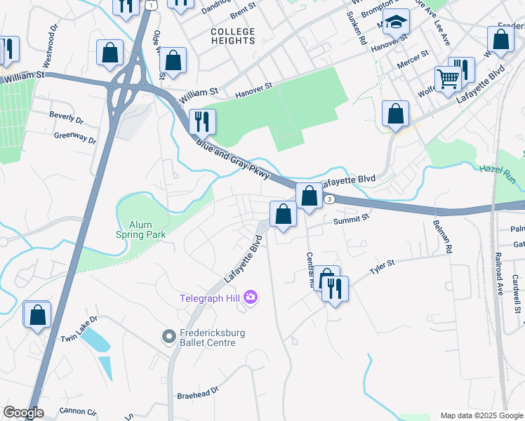 map of restaurants, bars, coffee shops, grocery stores, and more near 2010 Track Circle in Fredericksburg