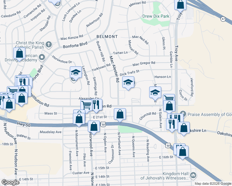 map of restaurants, bars, coffee shops, grocery stores, and more near 2 Meadowbrook Drive in Pueblo