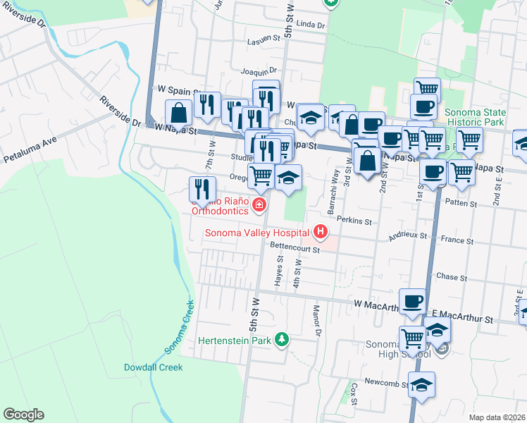 map of restaurants, bars, coffee shops, grocery stores, and more near 508 Andrieux Street in Sonoma