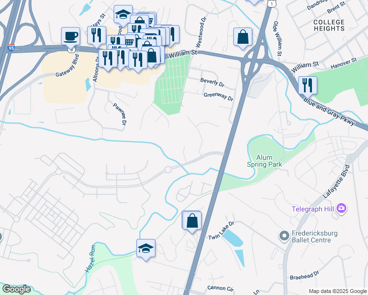 map of restaurants, bars, coffee shops, grocery stores, and more near 1004 Landram's Retreat in Fredericksburg