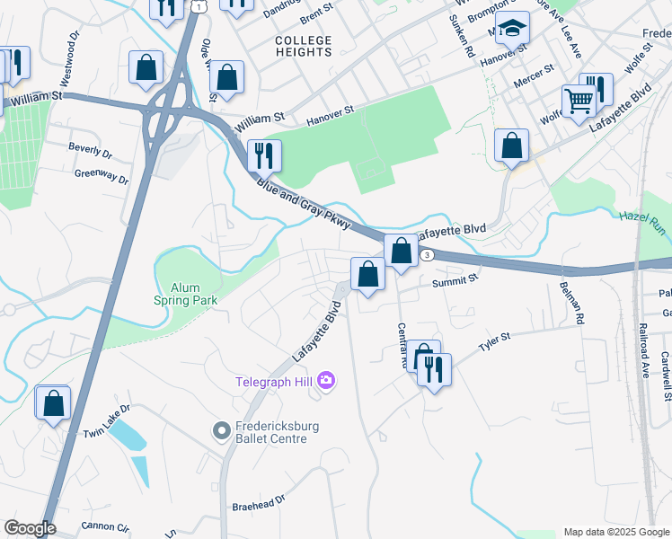 map of restaurants, bars, coffee shops, grocery stores, and more near 2004 Track Circle in Fredericksburg