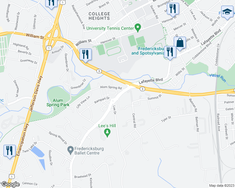 map of restaurants, bars, coffee shops, grocery stores, and more near 2035 Track Circle in Fredericksburg