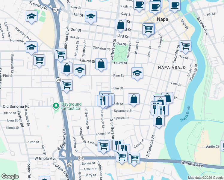 map of restaurants, bars, coffee shops, grocery stores, and more near 1785 Elm Street in Napa