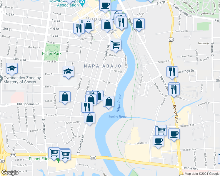 map of restaurants, bars, coffee shops, grocery stores, and more near 270 Brown Street in Napa