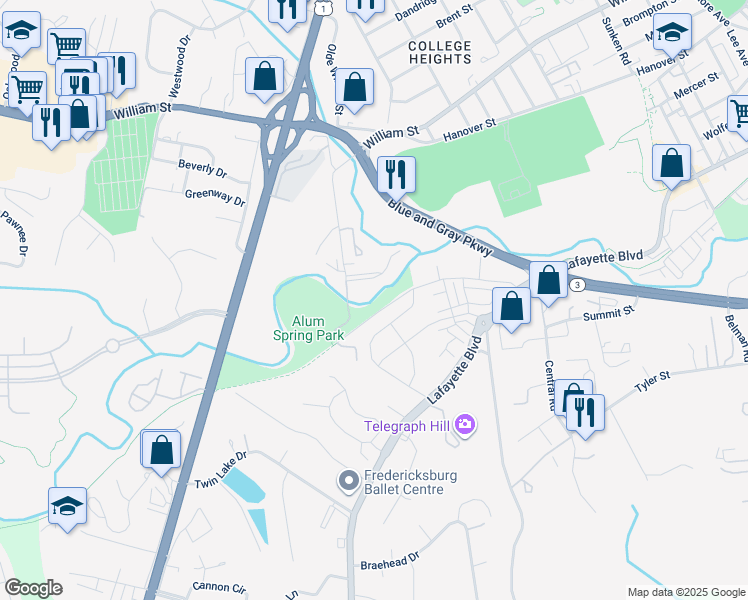 map of restaurants, bars, coffee shops, grocery stores, and more near 618 Greenbrier Drive in Fredericksburg