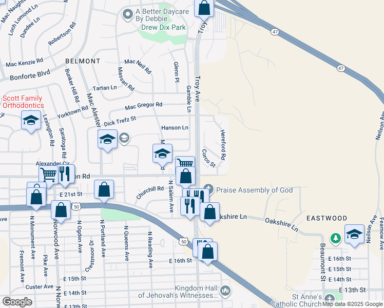 map of restaurants, bars, coffee shops, grocery stores, and more near 1725 Constitution Road in Pueblo