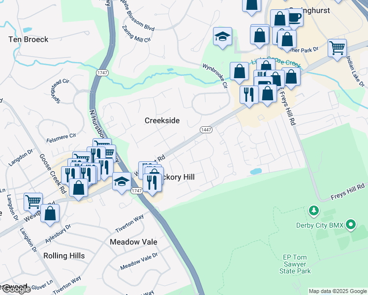 map of restaurants, bars, coffee shops, grocery stores, and more near 9902 Cypress Creek Drive in Louisville