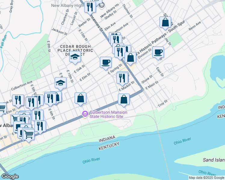 map of restaurants, bars, coffee shops, grocery stores, and more near 1320 East Market Street in New Albany