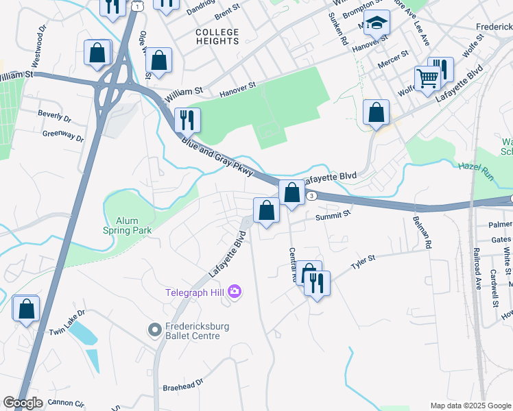 map of restaurants, bars, coffee shops, grocery stores, and more near 2035 Track Circle in Fredericksburg
