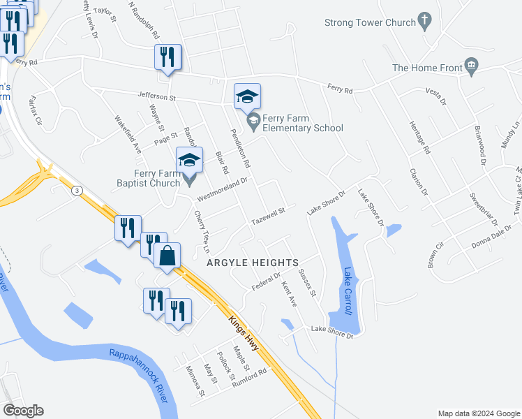 map of restaurants, bars, coffee shops, grocery stores, and more near 51 Pendleton Road in Fredericksburg