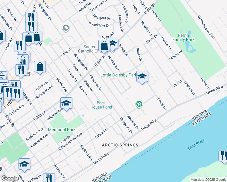 map of restaurants, bars, coffee shops, grocery stores, and more near 505 Kewanna Drive in Jeffersonville