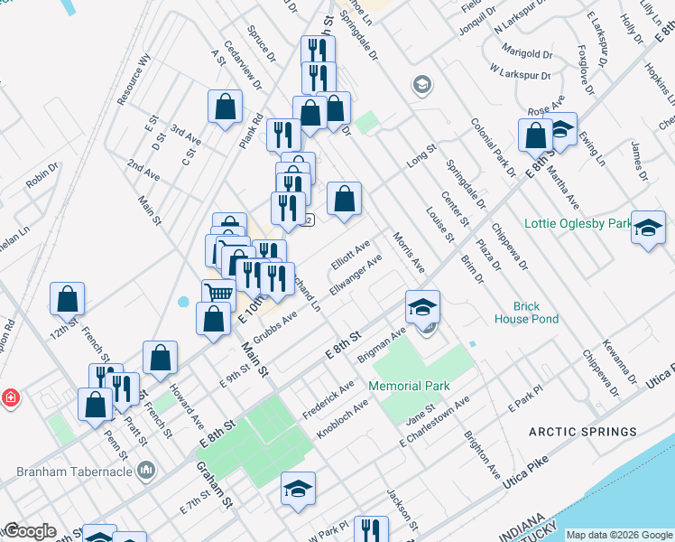 map of restaurants, bars, coffee shops, grocery stores, and more near 1516 Ellwanger Avenue in Jeffersonville