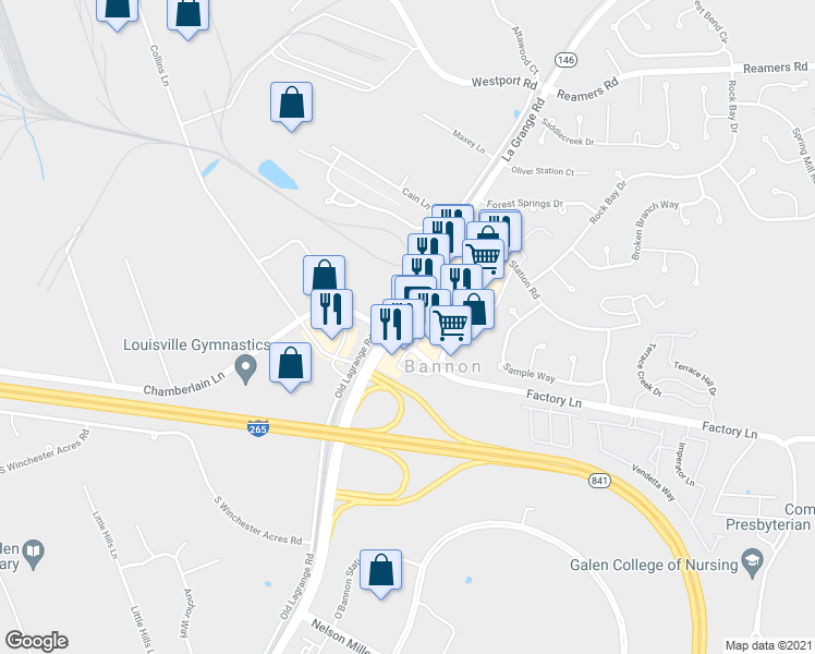 map of restaurants, bars, coffee shops, grocery stores, and more near 12412 Lagrange Rd in Louisville