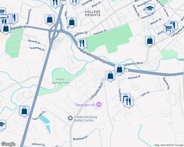 map of restaurants, bars, coffee shops, grocery stores, and more near 1326 Trestle Drive in Fredericksburg