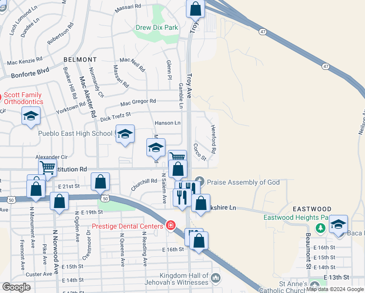 map of restaurants, bars, coffee shops, grocery stores, and more near 80 Blackburn Lane in Pueblo