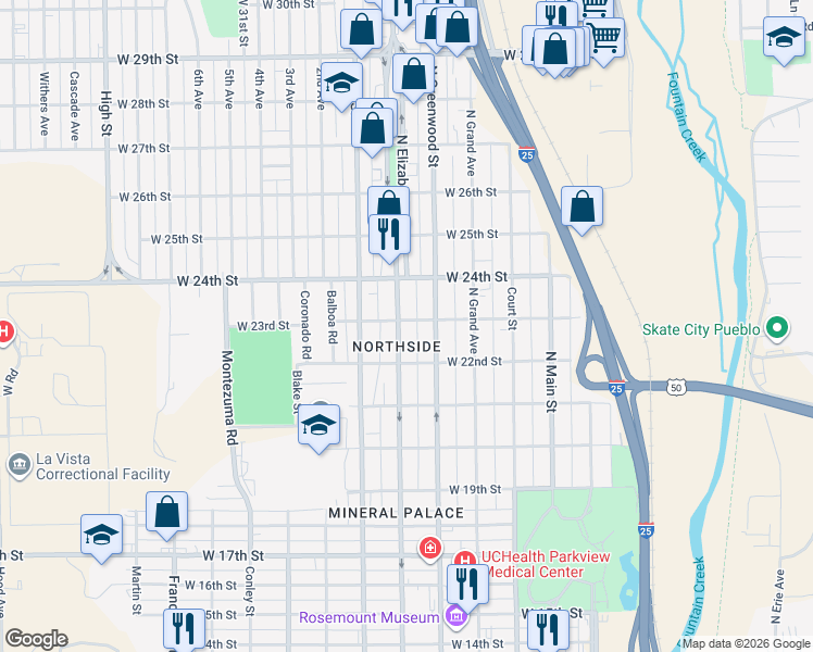 map of restaurants, bars, coffee shops, grocery stores, and more near in Pueblo