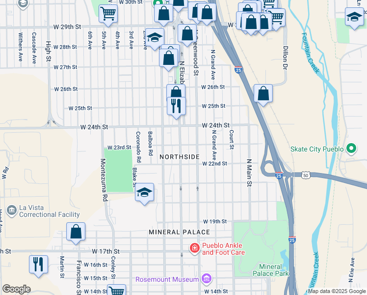 map of restaurants, bars, coffee shops, grocery stores, and more near in Pueblo