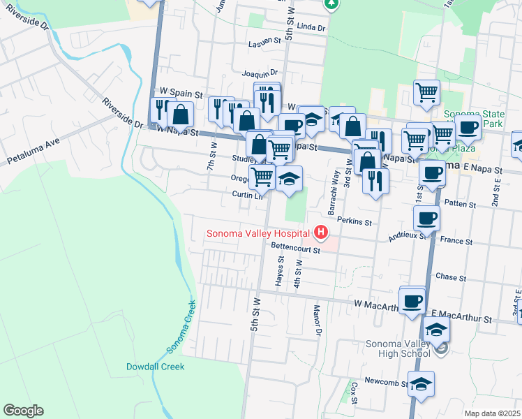 map of restaurants, bars, coffee shops, grocery stores, and more near 508 Andrieux Street in Sonoma