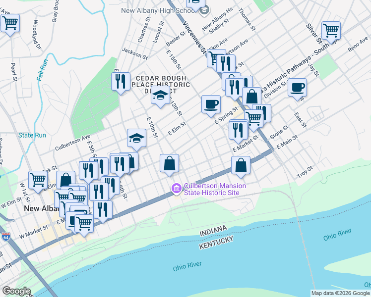 map of restaurants, bars, coffee shops, grocery stores, and more near 317 East 12th Street in New Albany