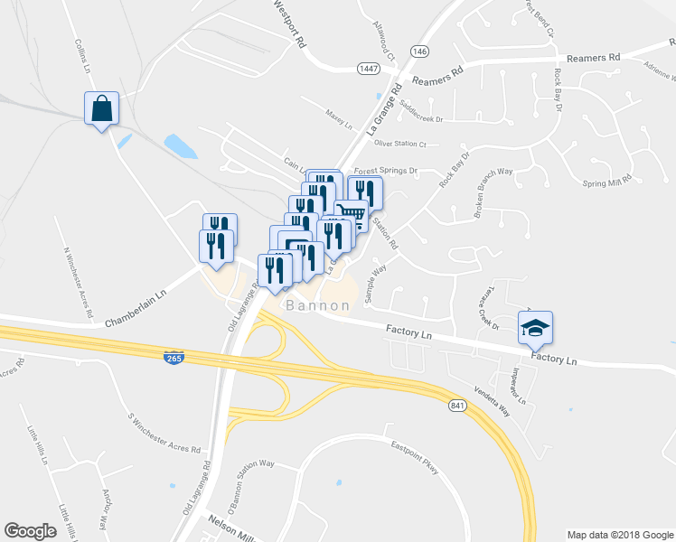 map of restaurants, bars, coffee shops, grocery stores, and more near 12418 Lagrange Road in Louisville