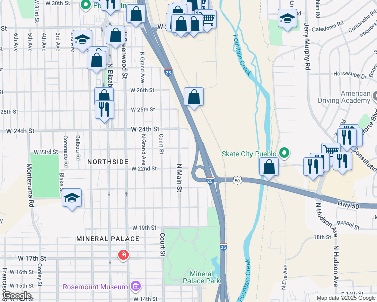 map of restaurants, bars, coffee shops, grocery stores, and more near 2211 North Santa Fe Avenue in Pueblo