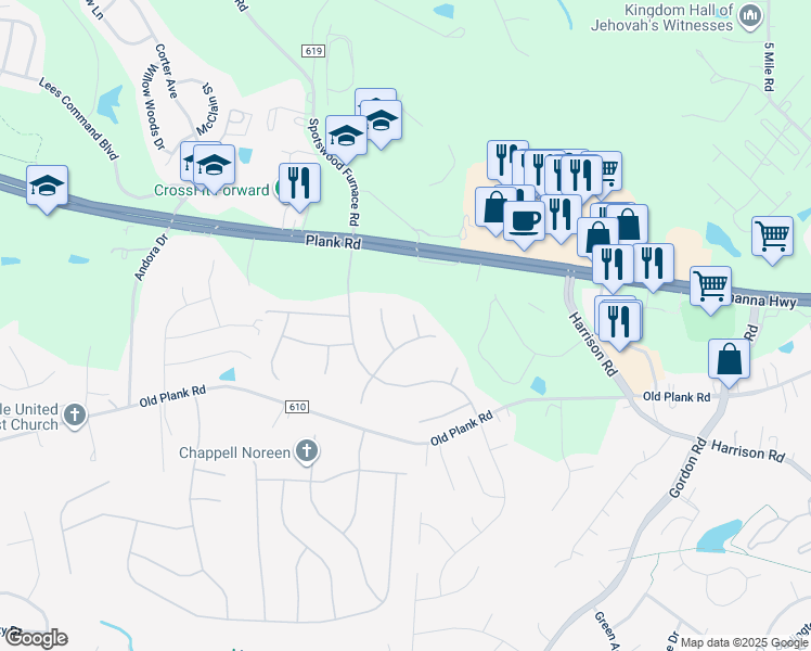 map of restaurants, bars, coffee shops, grocery stores, and more near 12002 Buckminster Court in Fredericksburg