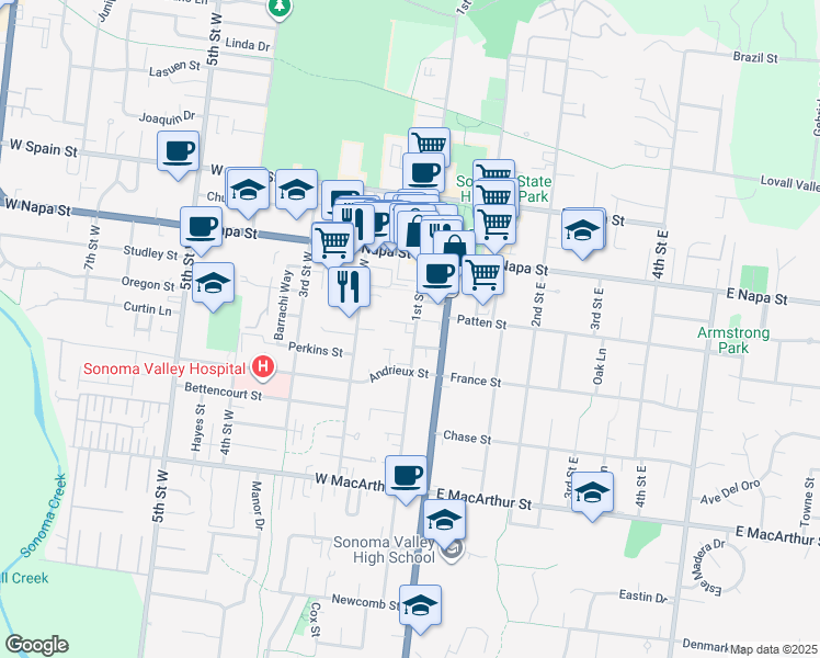 map of restaurants, bars, coffee shops, grocery stores, and more near 579 1st Street West in Sonoma