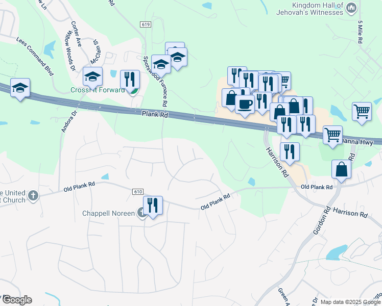 map of restaurants, bars, coffee shops, grocery stores, and more near 12002 Buckminster Court in Fredericksburg