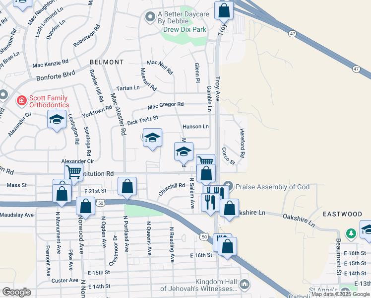 map of restaurants, bars, coffee shops, grocery stores, and more near 72 Brothers Lane in Pueblo