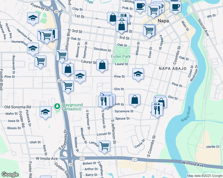 map of restaurants, bars, coffee shops, grocery stores, and more near 1840 Sutter Court in Napa
