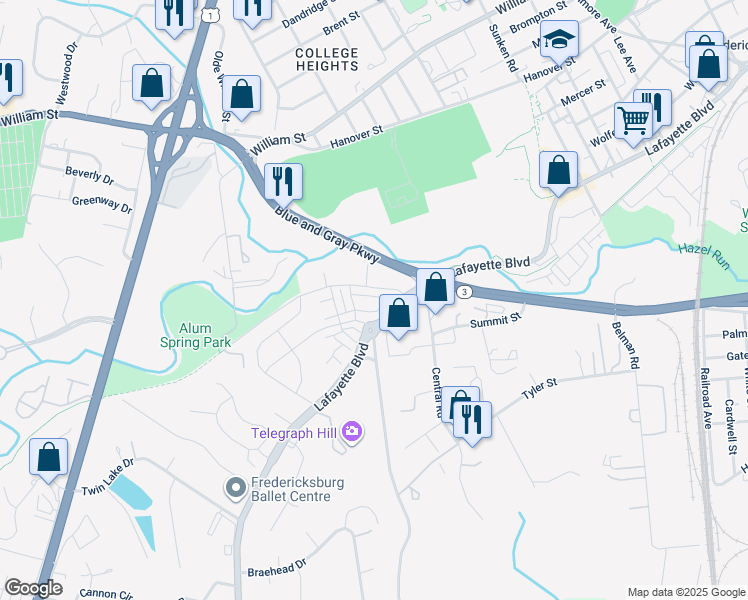 map of restaurants, bars, coffee shops, grocery stores, and more near 2042 Track Circle in Fredericksburg