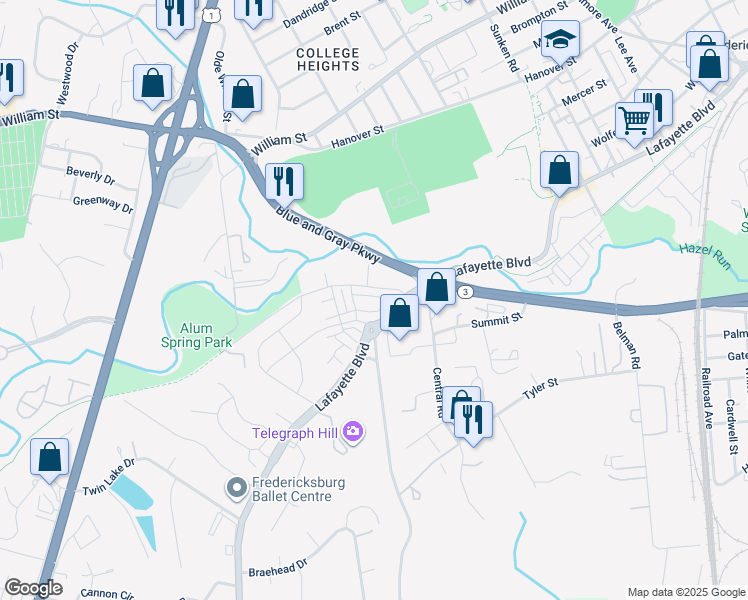 map of restaurants, bars, coffee shops, grocery stores, and more near 2044 Track Circle in Fredericksburg