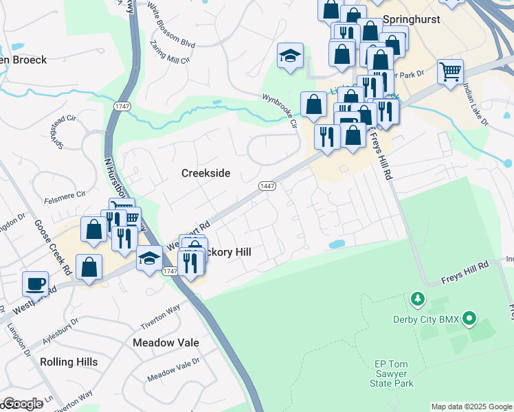 map of restaurants, bars, coffee shops, grocery stores, and more near 9814 Calamar Court in Louisville