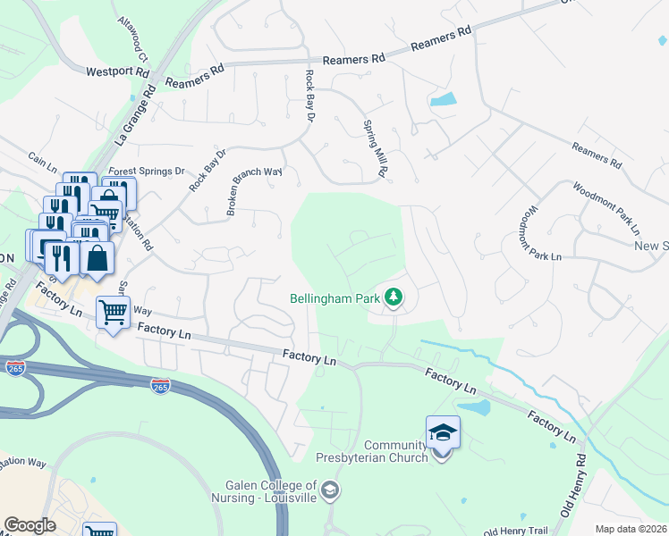 map of restaurants, bars, coffee shops, grocery stores, and more near 13605 Factory Lane in Louisville