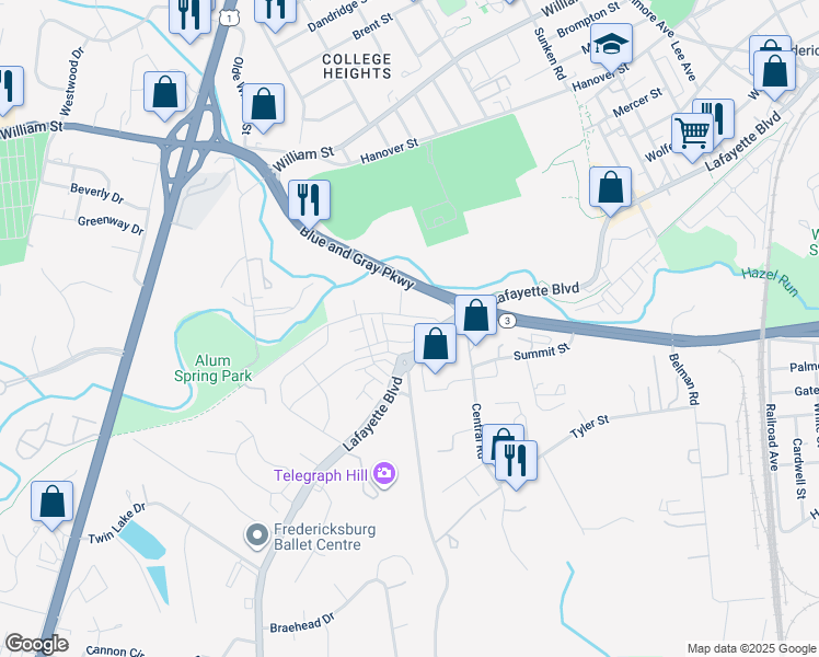 map of restaurants, bars, coffee shops, grocery stores, and more near 2042 Track Circle in Fredericksburg