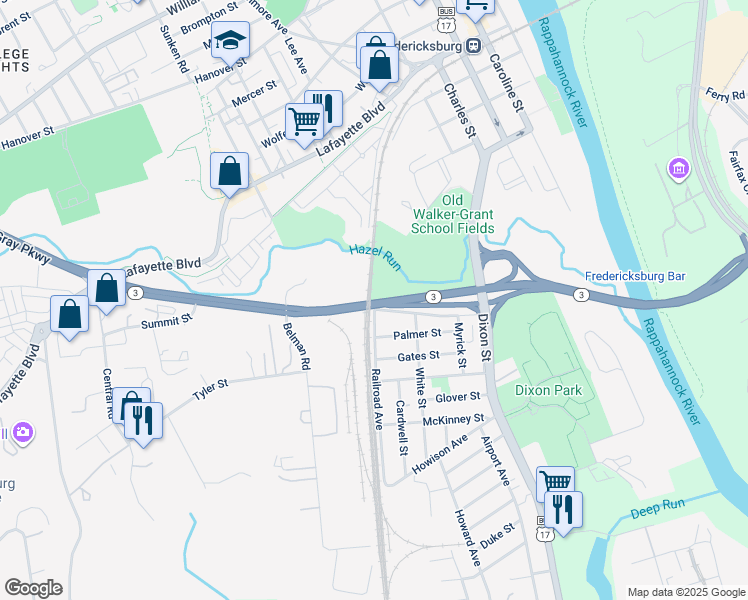map of restaurants, bars, coffee shops, grocery stores, and more near 433 Summit Street in Fredericksburg