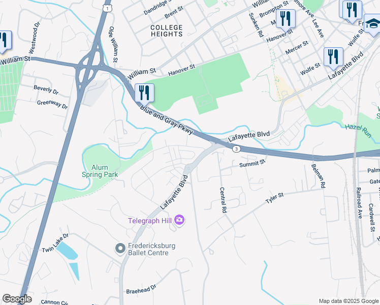 map of restaurants, bars, coffee shops, grocery stores, and more near 2044 Track Circle in Fredericksburg