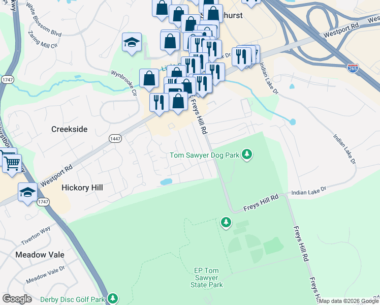 map of restaurants, bars, coffee shops, grocery stores, and more near 3127 Freys Hill Road in Louisville