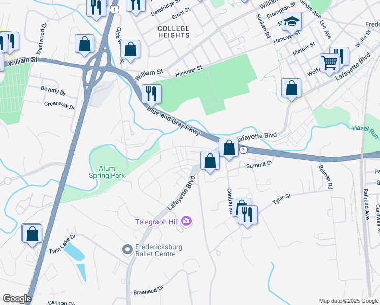 map of restaurants, bars, coffee shops, grocery stores, and more near 2062 Track Circle in Fredericksburg