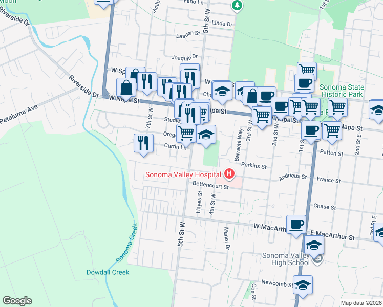 map of restaurants, bars, coffee shops, grocery stores, and more near 652 5th Street West in Sonoma