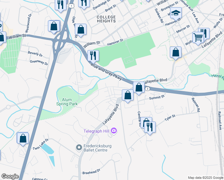 map of restaurants, bars, coffee shops, grocery stores, and more near 1318 Depot Lane in Fredericksburg